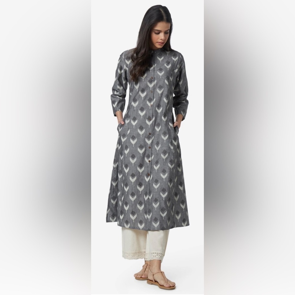 Utsa Grey Ikat Floral A-Line Kurta - Picture 3 of 13